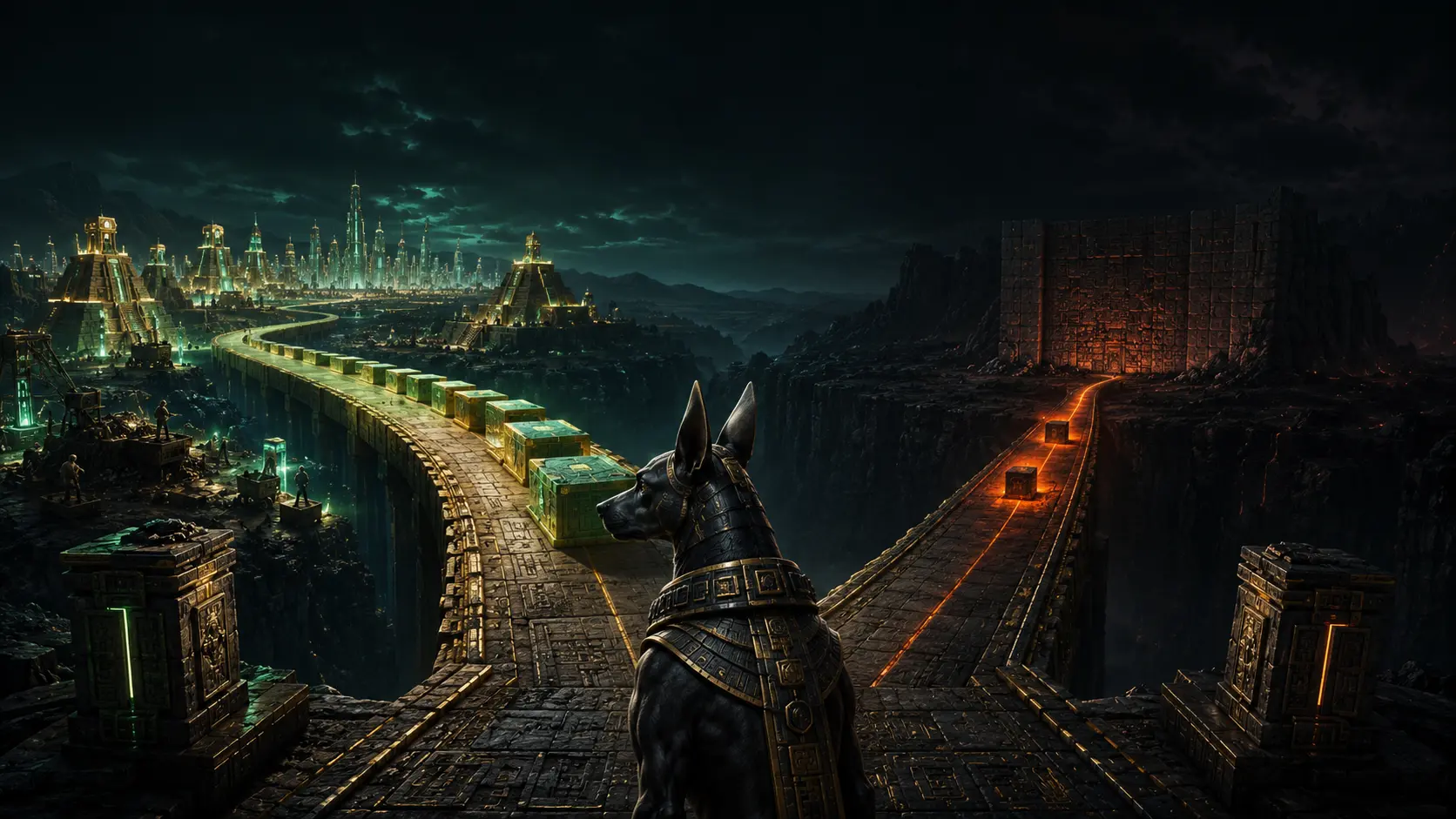 Un xoloitzcuintle observa dos ramas de una blockchain: una conduce a una red activa y otra se detiene ante un muro.