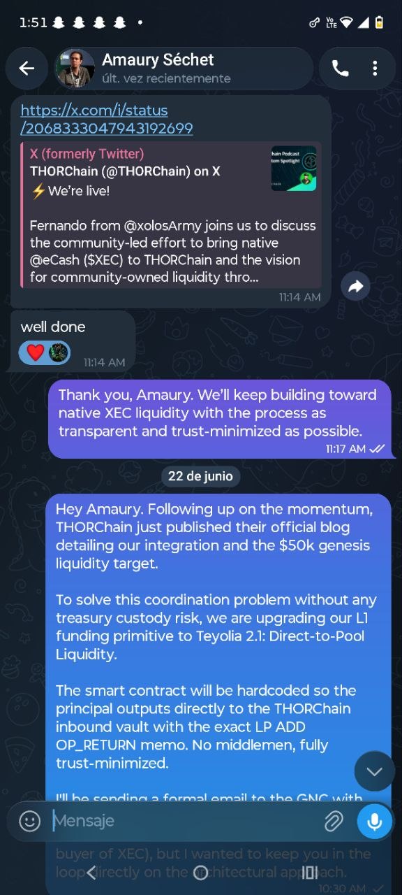 Conversación con Amaury Séchet sobre la participación de xolosArmy en THORChain y la ruta hacia liquidez nativa XEC.