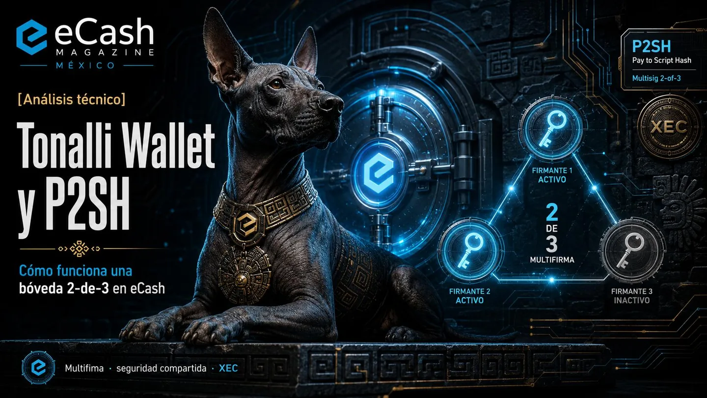 Xoloitzcuintle custodia una bóveda digital P2SH con un esquema multifirma 2-de-3 de Tonalli Wallet sobre eCash.